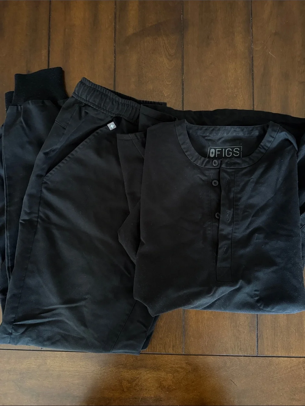 Figs Black Henley Scrub Top and Jogger Pants Set